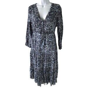 NWT Lucky Brand Tiered Bohemian Maxi Dress Blue Women’s Button Down Tie Waist S